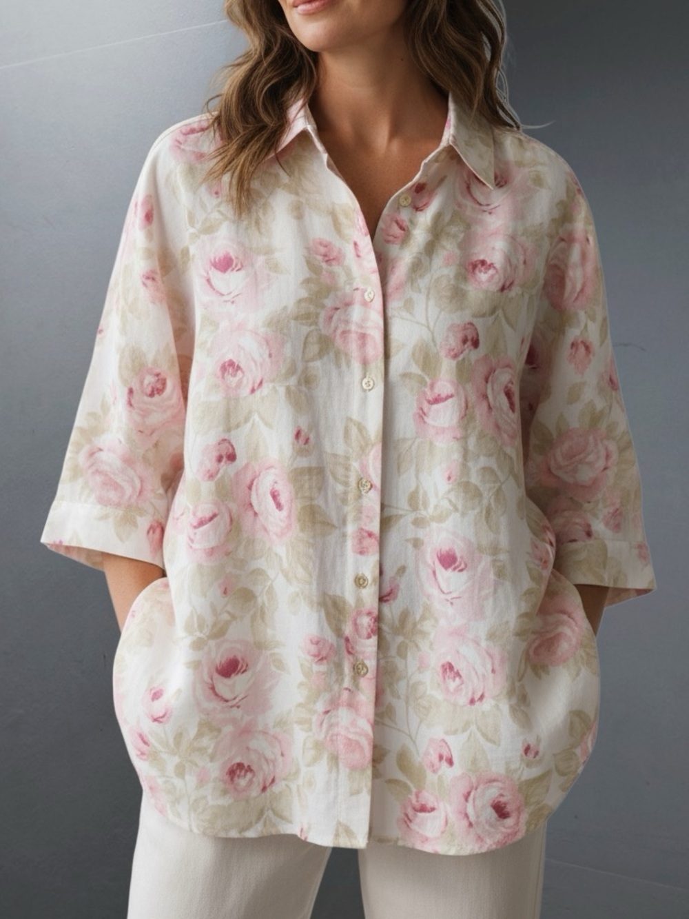 Hester & Orchard Flora Pink Linen Blend Button-Front Women's Top Blouse Size L